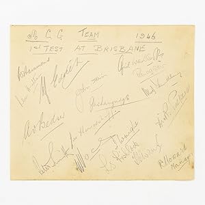 Imagen del vendedor de A detached autograph album leaf (165  195 mm) signed in pencil by the MCC touring team to Australia at the time of the First Test in Brisbane, 29-30 November and 2-4 December 1946 - the first post-war Test, and the first English visit for ten years a la venta por Michael Treloar Booksellers ANZAAB/ILAB