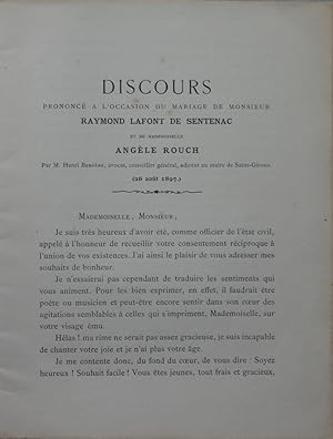 Discours prononcé à l'occasion du mariage de monsieur Raymond Lafont de Sentenac et de mademoisel...