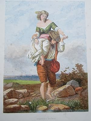 Image du vendeur pour STEPPING-STONES - Peasant Carrying Girl Across Stream - an Antique Original Print mis en vente par K Books Ltd ABA ILAB