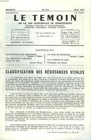 Seller image for LE TEMOIN DES LOIS NATURELLES ET SPIRITUELLES N211, MAI 1972. CLASSIFICATION DES RESISTANCES VITALES, Dr P. CARTON / UNE MONTAGNE A DEPLACER / TRAITE DE PAIX, Dr POUCEL / UN SIGNE DE DECADENCE, Dr L. JUBIER / DE LA CRECHE AU LABO. for sale by Le-Livre