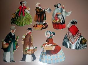 Collection of 7 color 19th Century Brittish grocery shopping theme standing cards.