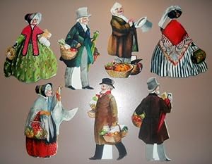 Collection of 7 color 19th Century Brittish grocery shopping theme standing cards.