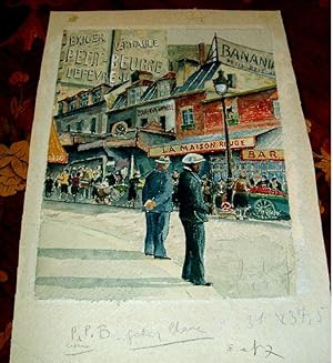 Aquarelle décrivant l'ambiance des rues commercantes de Montmartre dans les années 40.