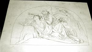 Bild des Verkufers fr Magnifique dessin mine de plomb du milieu du XIX me sicle. Scene typique de l'epoque reprsentant une femme allonge & un ange avec un arc et un carquois garni de flche. zum Verkauf von JOIE DE LIRE