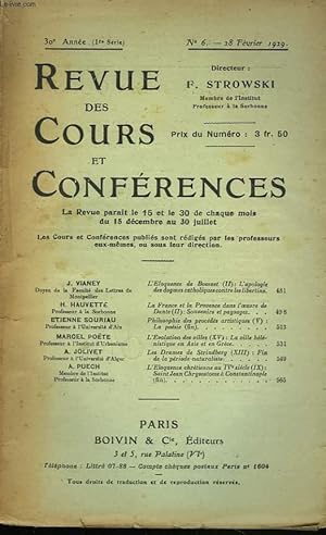 Seller image for REVUE DES COURS ET CONFERENCES, 30e ANNEE, N6, 28 FEVRIER 1929. J. VIIANEY : L'ELOQUENCE DE BOSSUET (II) L'APOLOGIE DES DOGMES CATHOLIQUES CONTRE LES LIBERTINS / H. HAUVETTE: LA FRANCE ETLA PROVENCE DANS L'OEUVRE DE DANTE (II): SOUVENIRS ET PAYSAGES / . for sale by Le-Livre