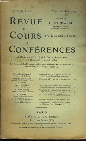 Seller image for REVUE DES COURS ET CONFERENCES, 30e ANNEE, N9, 15 AVRIL 1929. J. CHEVALIER : L'HABITUDE (III) LA VIE ET L'ADAPTATION / MARCEL POETE : L'EVOLUTION DES VILLES (XVII) DOURO-EUROPOS ET PALMYRE / A. JOLIVET : LES DRAMES DE STRINBERG (XIV) INFERNO / . for sale by Le-Livre
