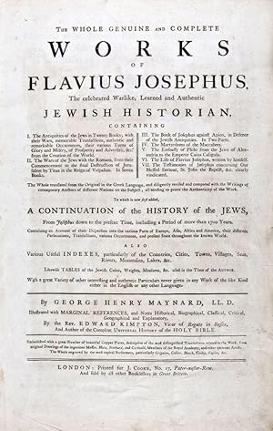 Bild des Verkufers fr The Whole Genuine and Complete Works of Flavius Josephus, The celebrated Warlike, Learned and Authentic Jewish Historian. To which is now first added, A Continuation of the History of the Jews, From Josephus down to the present Time, including a Period of more than 1700 Years zum Verkauf von ERIC CHAIM KLINE, BOOKSELLER (ABAA ILAB)