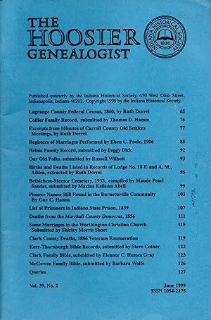 Bild des Verkufers fr The Hoosier Genealogist Volume 39, No. 2 June 1999 zum Verkauf von Book Booth