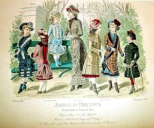 Très belle planche coloriée JOURNAL LE PRINTEMPS, mode féminine et enfantina. Robes, manteaux, ch...