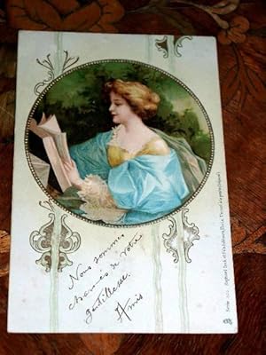 Bild des Verkufers fr Carte Postale Ancienne - RAPHAEL TUCK SERIE 303. Jolie femme  sa lecture encadre dans un mdaillon. zum Verkauf von JOIE DE LIRE