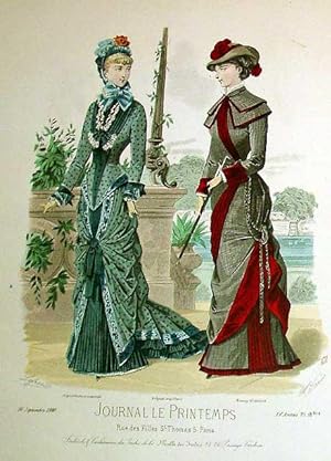 Très belle planche coloriée JOURNAL LE PRINTEMPS, mode féminine. Robes, chapeaux, ombrelles.