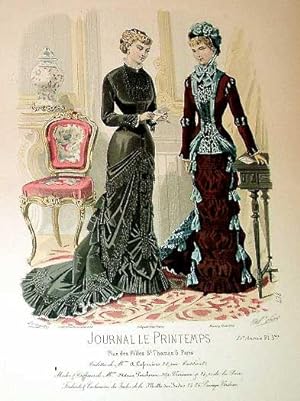 Très belle planche coloriée JOURNAL LE PRINTEMPS, mode féminine. Robes, chapeaux.