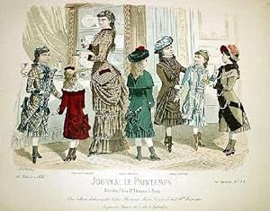 Très belle planche coloriée JOURNAL LE PRINTEMPS, mode féminine et enfantina. Robes, manteaux, ch...