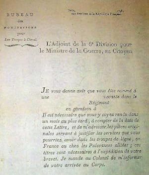 Circulaire imprimée du bureau de nomminations pour les troupes à cheval. Docment non rempli.