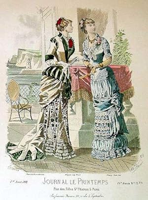 Très belle planche coloriée JOURNAL LE PRINTEMPS, mode féminine. Robes, chapeaux, éventails.
