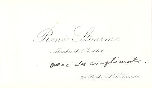 Carte de Visite de René Stourm avec annotation manuscrite "Avec mes compliments".