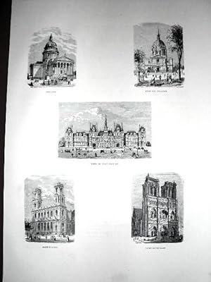 Bild des Verkufers fr Grande gravure sur acier signe dans la planche - Reprsentant le Panthon, les Invalides, l'Htel de Ville, Saint-Sulppice, Notre-Dame. zum Verkauf von JOIE DE LIRE