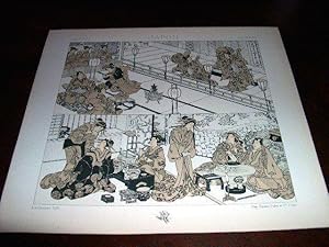 Lithographie en camaïeu répresentant des japonais en famille.