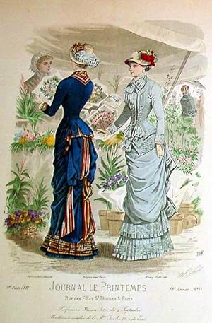 Très belle planche coloriée JOURNAL LE PRINTEMPS, mode féminine. Robes, chapeaux & ombrelle.
