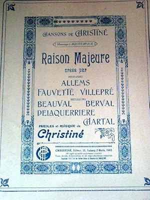 Image du vendeur pour Partition musicale RAISON MAJEURE. Paroles & Musique de CHRISTINE. mis en vente par JOIE DE LIRE