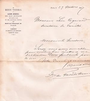 Lettre autographe signée à entête "Le Monde Thermal 61 boulevard Sébastopol" de CAZAUX aîné, Dire...