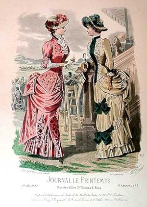 Très belle planche coloriée JOURNAL LE PRINTEMPS, mode féminine. Robes, chapeaux, ombrelle.