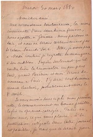 Imagen del vendedor de Belle lettre autographe signe du journaliste, pote et auteur dramatique Edmond Cottinet  un ami. suite  un dcs dans sa famille, il ne pourra assister  une audition de Mass . Quand il sera de retour avec Barbier il espre assister  une nouvelle a a la venta por JOIE DE LIRE