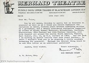Typed Letter Signed to A.W. Price, (Sir Bernard, 1907-1991, founder of the Mermaid Theatre, Life ...