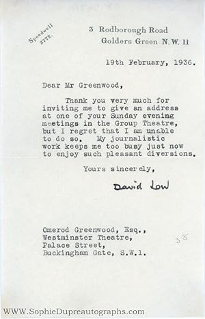 Typed Letter Signed to O[r]merod Greenwood, (Sir David, 1891-1963, Political Cartoonist)