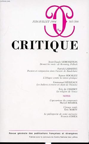 Image du vendeur pour CRITIQUE N565-566 : J.-C. Lebensztein - Devant les mots : de Kooning, pollock. mis en vente par Le-Livre