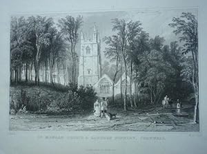 Original Antique Engraved Print Illustrating St Mawgan Church & Lanhern Nunnery, Cornwall.