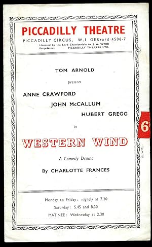 Seller image for Western Wind: Souvenir Theatre Programme Performed at Piccadilly Theatre, Piccadilly Circus, London for sale by Little Stour Books PBFA Member