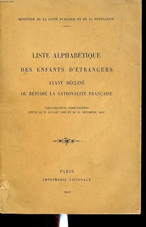 Bild des Verkufers fr LISTE ALPHABETIQUE DES ENFANTS D ETRANGERS AYANT DECLINE OU REPUDIE LA NATIONALITE FRANCAISE ( DECLARATIONS ENRIGISTREES ENTRE LE 22 JUILLET 1893 ET LE 31 DECEMBRE 1945 ) zum Verkauf von Le-Livre