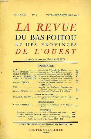 Bild des Verkufers fr LA REVUE DU BAS-POITOU ET DES PROVINCES DE L'OUEST, 76e ANNEE, N 6, NOV.-DEC. 1965 zum Verkauf von Le-Livre