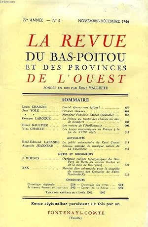 Bild des Verkufers fr LA REVUE DU BAS-POITOU ET DES PROVINCES DE L'OUEST, 77e ANNEE, N 6, NOV.-DEC. 1966 zum Verkauf von Le-Livre