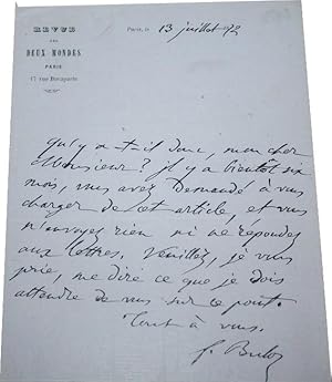 Bild des Verkufers fr Lettre Autographe Signe sur papier entte de la REVUE DES DEUX MONDES, date du 13 juillet 1872. zum Verkauf von JOIE DE LIRE