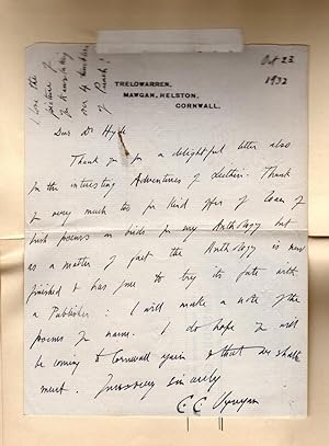 Seller image for C. C. Rogers (C. C. Vyvyan, Clara Coltman [Colton] Rogers), Autograph Letter Signed to Douglas Hyde, First Irish President, with presentation copy to him of Gwendra Cove, in Jacket by Gwen Dorrien-Smith. for sale by Singularity Rare & Fine