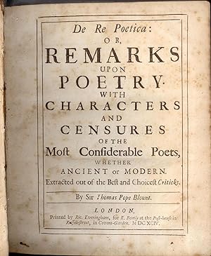 Seller image for DE RE POETICA:; or, Remarks upon Poetry. With characters and Censures of the most considerable poets, whether ancient or modern extracted out of the best and choicest criticks for sale by Second Life Books, Inc.