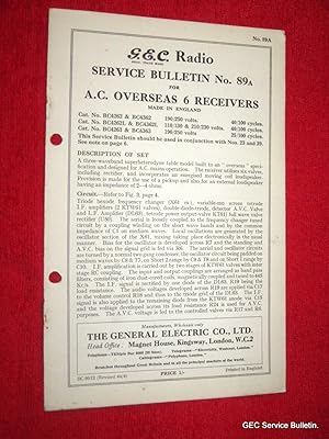 Immagine del venditore per G.E.C. Radio Service Bulletin No 89A.for AC OVERSEAS 6 RECEIVERS. BC4262, BC4362, BC4262L, BC4362L, BC4263, BC4363. venduto da Tony Hutchinson