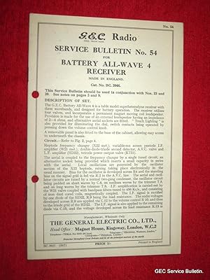 Bild des Verkufers fr G.E.C. Radio Service Bulletin No 54. For BATTERY ALL-WAVE 4 RECEIVER. BC.3946, GEC. zum Verkauf von Tony Hutchinson