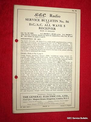 Bild des Verkufers fr G.E.C. Radio Service Bulletin No 56. For DC/AV ALL-WAVE 5 RECEIVER. BC.3955, GEC. zum Verkauf von Tony Hutchinson