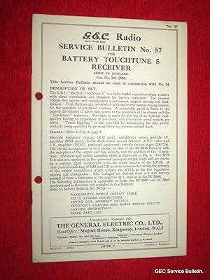 Bild des Verkufers fr G.E.C. Radio Service Bulletin No 57. for BATTERY TOUCHTUNE 5 RECEIVER BC3956. GEC zum Verkauf von Tony Hutchinson