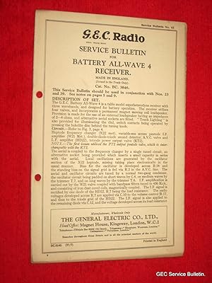 Bild des Verkufers fr G.E.C. Radio Service Bulletin No 42. for BATTERY ALL-WAVE 4 RECEIVER BC3846. GEC zum Verkauf von Tony Hutchinson