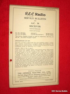 Bild des Verkufers fr G.E.C. Radio Service Bulletin No 43 for A.C. 38 RECEIVER BC3840, BC3840L. zum Verkauf von Tony Hutchinson