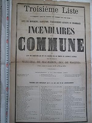 Seller image for Troisime liste des monuments, habitations, tablissements dtruits ou endommags par les incendiaires de la Commune,.,. for sale by Expatriate Bookshop of Denmark