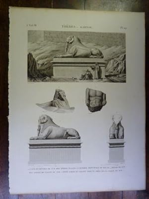 DESCRIPTION DE L'EGYPTE. Thèbes. Karnak. Vue et détails de l'un des Sphinx placés à l'entrée prin...