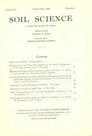 Seller image for Soil Science, Volume 63, Number 1, January, 1947. [Symposium on Magnesium][Magnesium in Plants; Seed Plant Development; Magnesium-Phosphorus Relationships in Plant Nutrition; Citrus Fertilization in Florida; Apple Trees; Tobacco; New Jersey Soils. for sale by Joseph Valles - Books