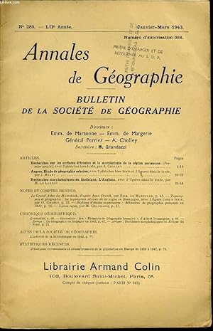 Seller image for ANNALES DE GEOGRAPHIES bulletin de la socit gographique) n289 : Recherche sur les surfaees d'rosion et la morphologie de la rgion parisienne - Angers : Etude de gographie urbaine - Recherche mophologiques en Sardaigne - for sale by Le-Livre