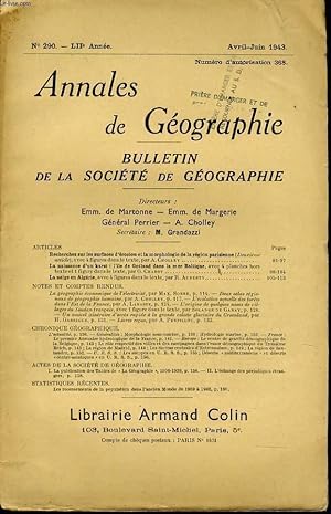 Seller image for ANNALES DE GEOGRAPHIES bulletin de la socit gographique) n290 : Recherche sur les surfaces d'rosion et la morphologie de la rgion parisienne -La naissance d'un karst : l'ile de Gotland dans la mer Baltique - La neige en Algrie - for sale by Le-Livre