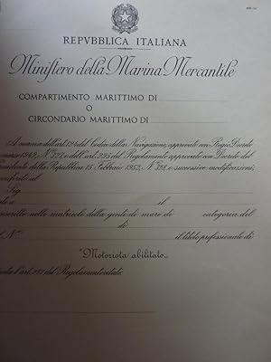 "REPUBBLICA ITALIANA MINISTERO DELLA MARINA MERCANTILE - Certificato MOTORISTA ABILITATO" Anni '50